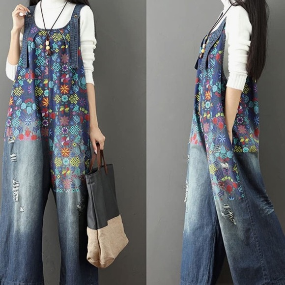 Flygo Women's Floral Printed Wide Leg Distressed Bib Denim Overalls Jumpsuits - Picture 2 of 16
